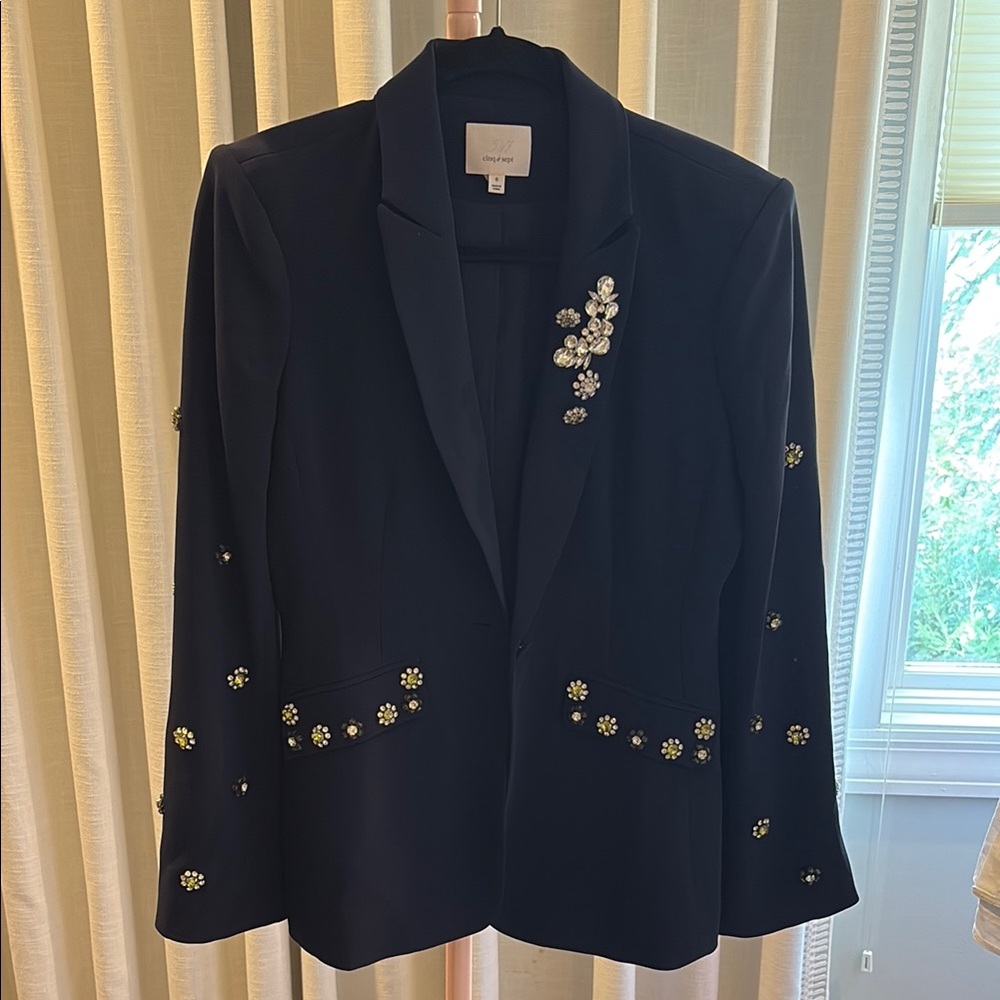 Cinq A Sept Cheyenne Rhinestone Flower Blazer in Navy size 6 - Picture 3 of 7